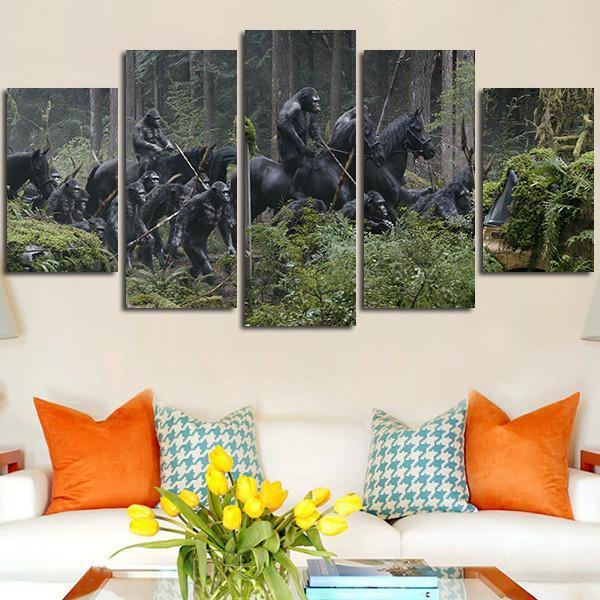 5 Panel Apes Army In The Forest Wall Art Canvas