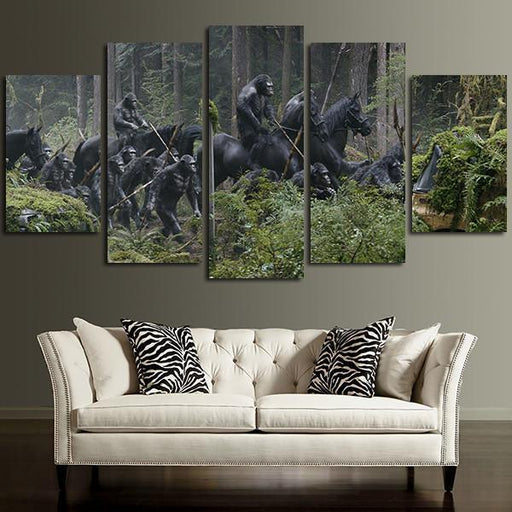 5 Panel Apes Army In The Forest Wall Art Canvas