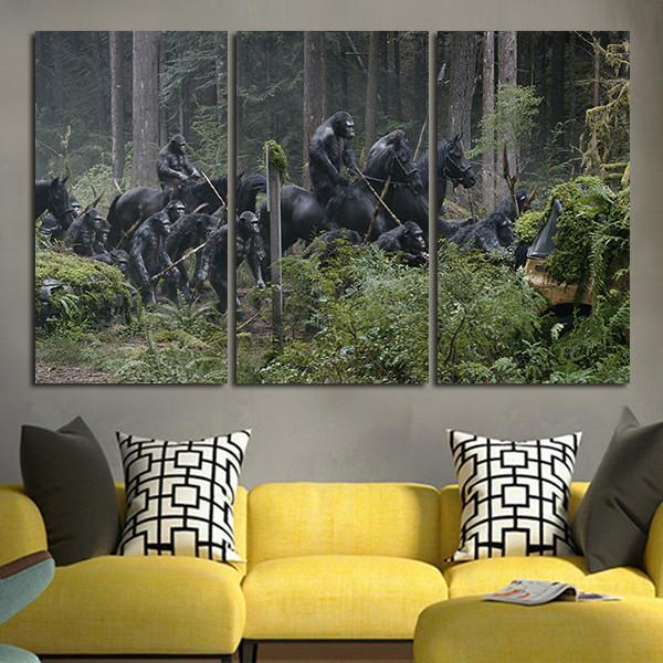 3 Panel Apes Army In The Forest Wall Art Canvas