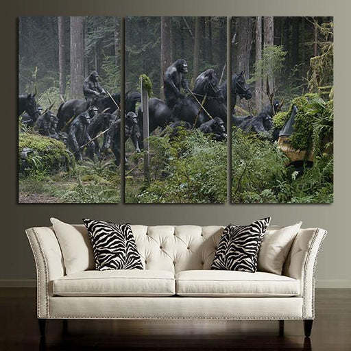 3 Panel Apes Army In The Forest Wall Art Canvas