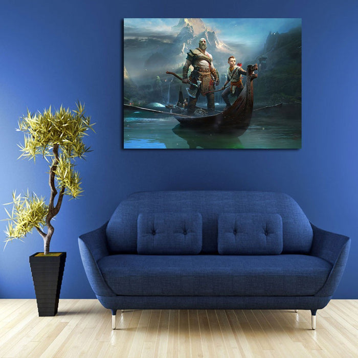 Kratos And His Son On Boat Wall Art Canvas