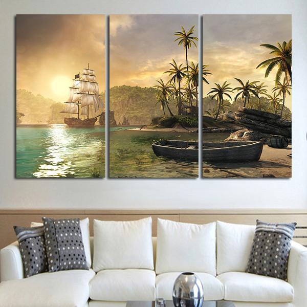 3 Panel Boat And Sea Wall Art Canvas