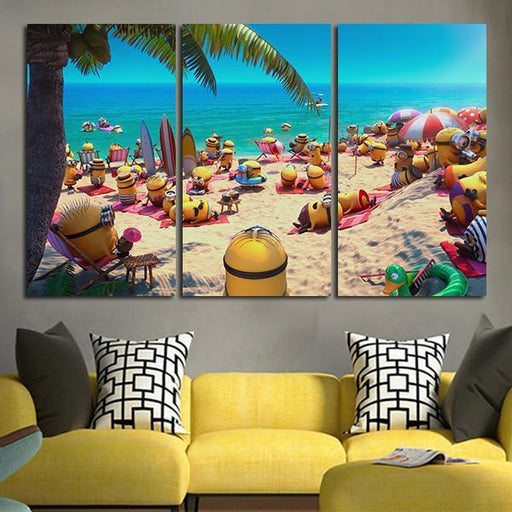 3 Panel Minions In The Beaches Wall Art Canvas