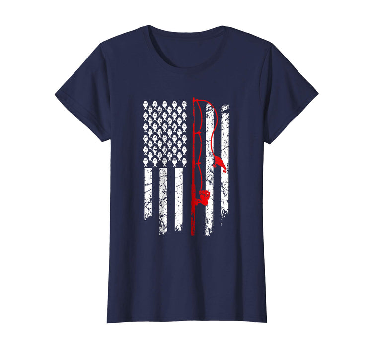 Hot Vintage Fishing Clothes American Flag Bass Fishing Women's T-Shirt Navy