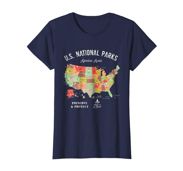 Beautiful U.s National Parks Map Vintage Hiking Camping Women's T-Shirt Navy