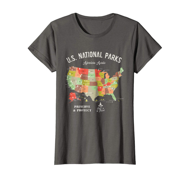 Beautiful U.s National Parks Map Vintage Hiking Camping Women's T-Shirt Asphalt
