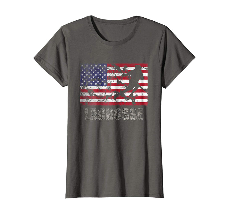 Funny Lacrosse American Flag Usa Flag Fan Vintage Retro Women's T-Shirt Asphalt