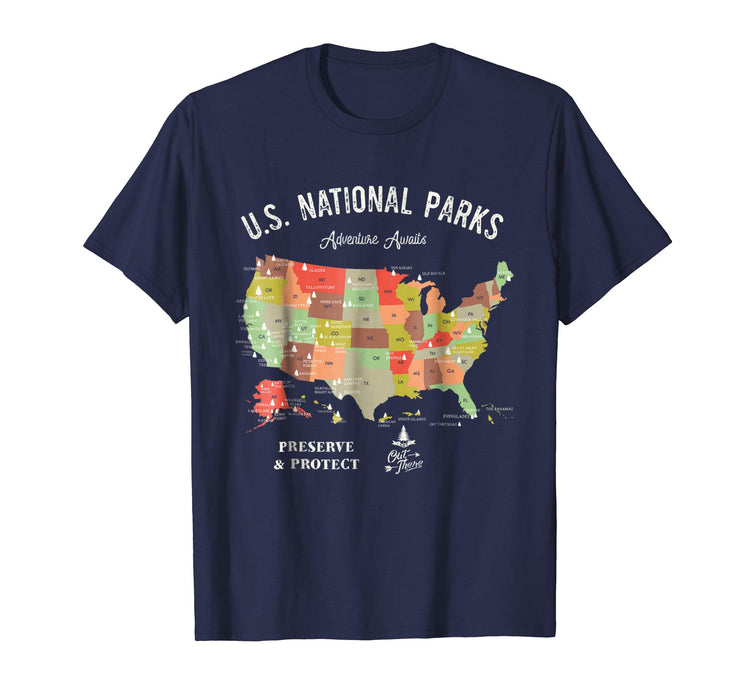 Beautiful U.s National Parks Map Vintage Hiking Camping Men's T-Shirt Navy