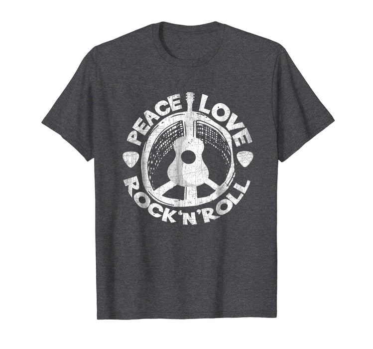 Beautiful Peace Love Rock And Roll Guitar Retro Hippie Men's T-Shirt Dark Heather