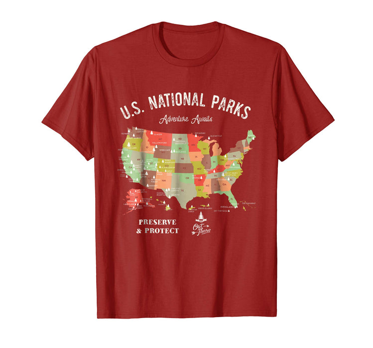 Beautiful U.s National Parks Map Vintage Hiking Camping Men's T-Shirt Cranberry