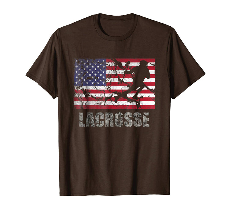 Funny Lacrosse American Flag Usa Flag Fan Vintage Retro Men's T-Shirt Brown