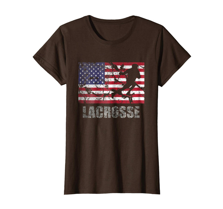 Funny Lacrosse American Flag Usa Flag Fan Vintage Retro Women's T-Shirt Brown