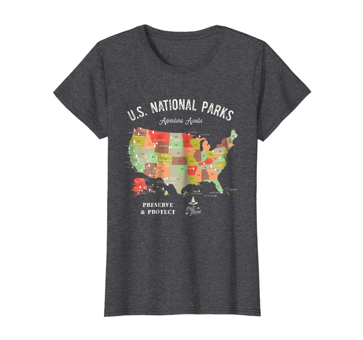 Beautiful U.s National Parks Map Vintage Hiking Camping Women's T-Shirt Dark Heather