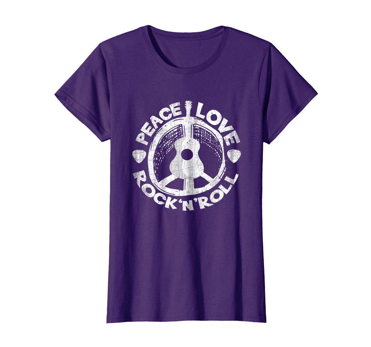 Beautiful Peace Love Rock And Roll Guitar Retro Hippie Women's T-Shirt Purple