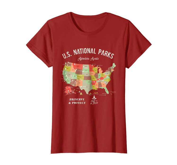 Beautiful U.s National Parks Map Vintage Hiking Camping Women's T-Shirt Cranberry