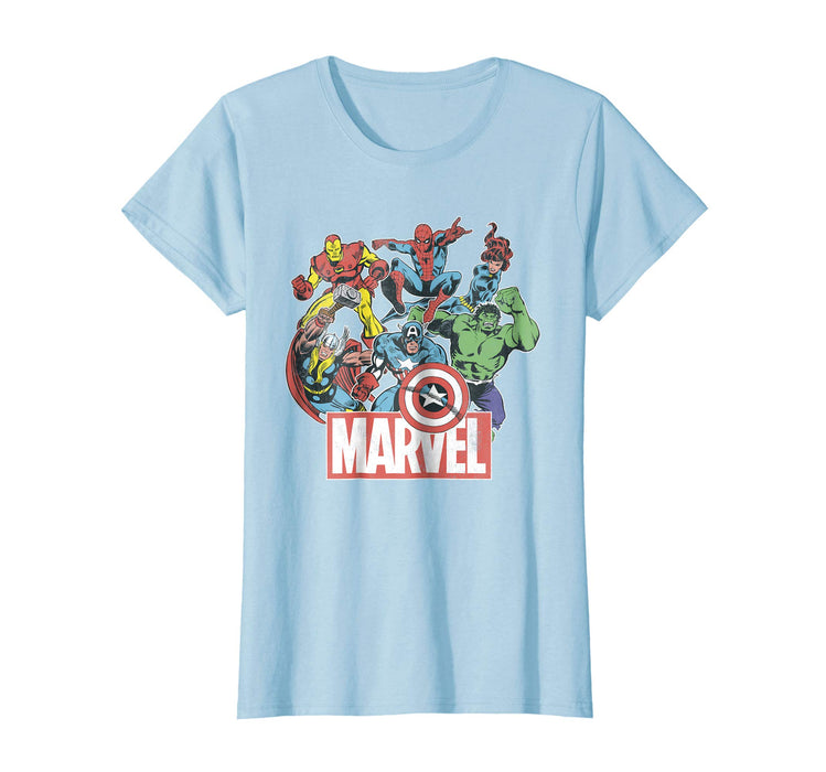 Beautiful Marvel Avengers Team Retro Comic Vintage Graphic Women's T-Shirt Baby Blue